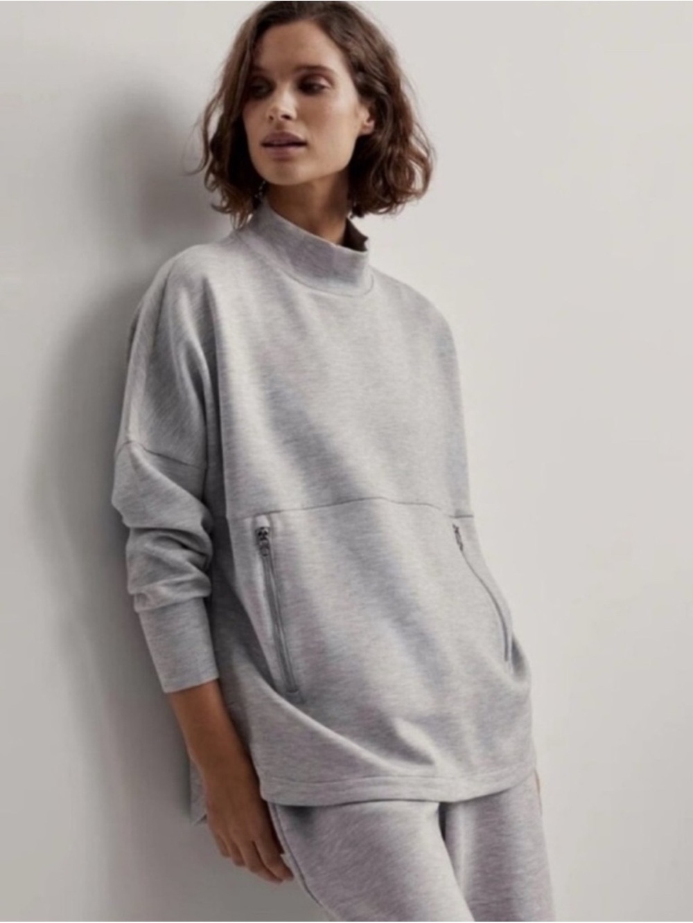 Varley Heather Light Gray Cowl-Neck Pullover with Zip Through Pocket